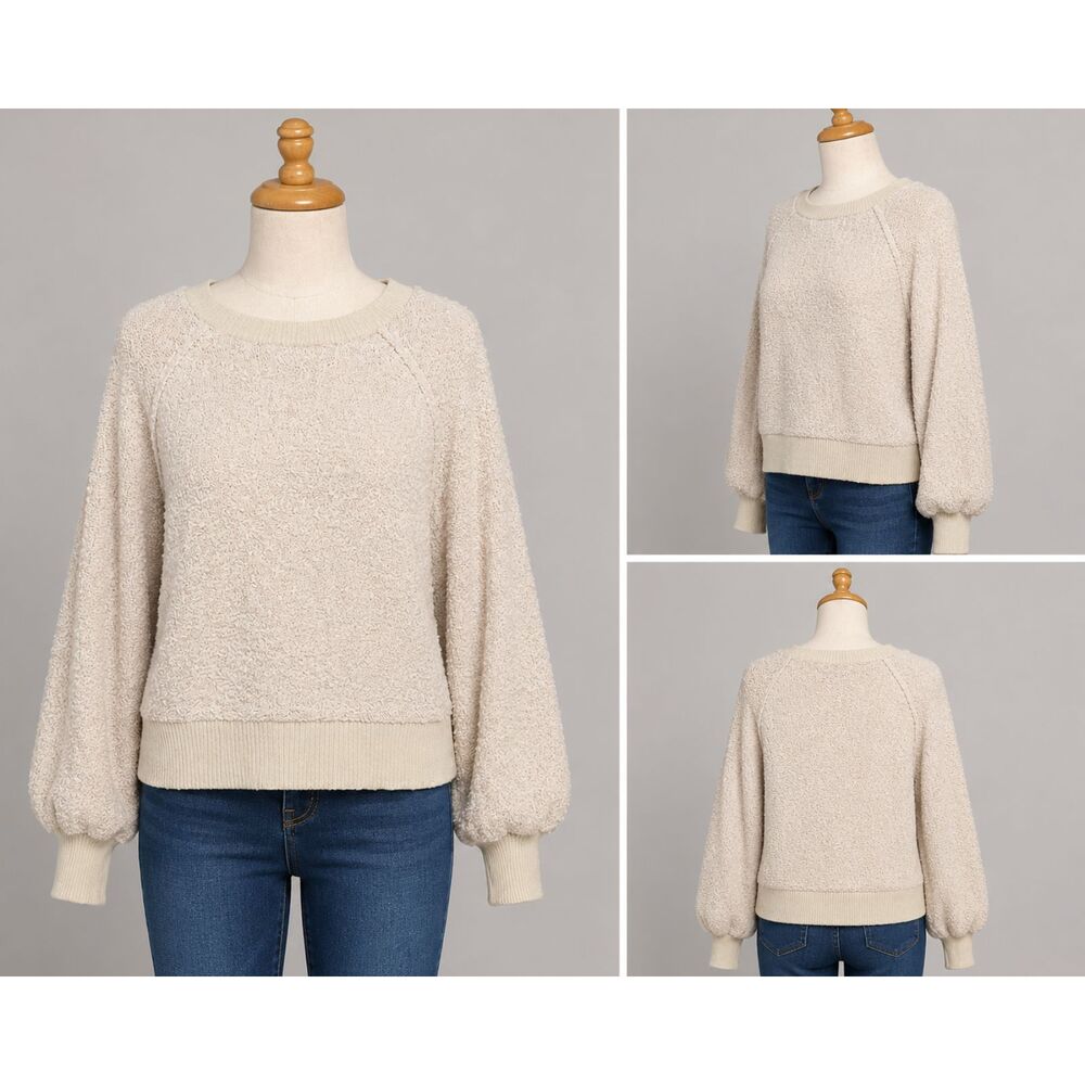 Dreamers Cream Boucle Knit Sweater Balloon Sleeve Pullover S/M Cozy